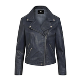 Women's Sleek Navy Blue Genuine Leather Moto Jacket