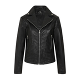 Women's Black Genuine Leather Biker Jacket with Asymmetric Zip