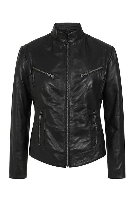 Women’s Petite Black Leather Motorcycle Jacket