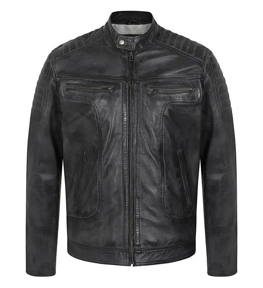 Men's Grey Genuine Leather Biker Jacket