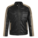 Men’s Racer Cream Striped Black Leather Jacket