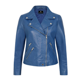 Women's Blue Genuine Leather Moto Jacket – Stud Collar