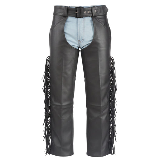 Deluxe Men's Black Leather Motorcycle Chaps with Fringe Detail
