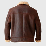 Men's Brown Genuine Leather Bomber Jacket with Fur Lining