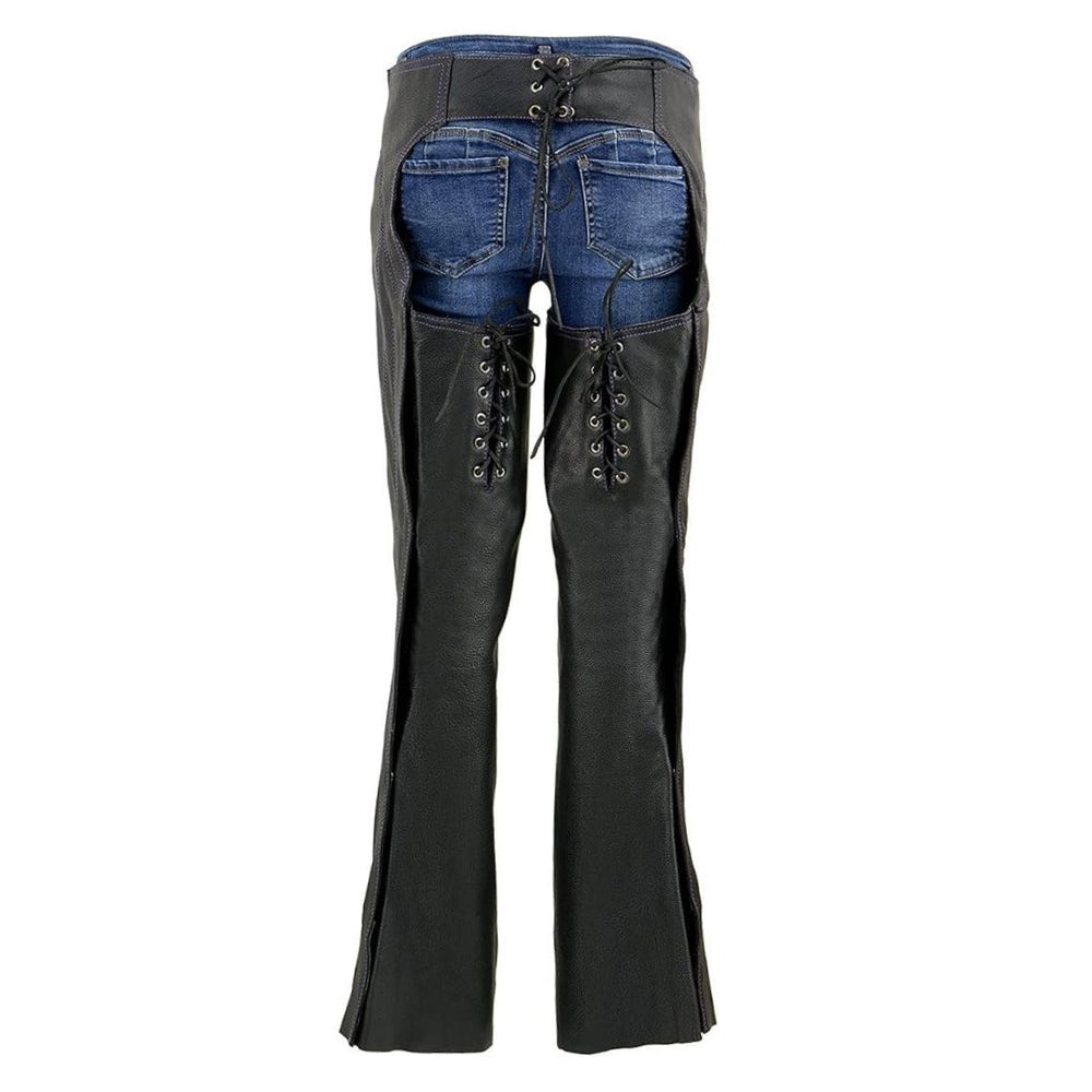 Premium Women's Black Leather Motorcycle Chaps with Studded Detail