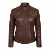 Women's Stand Collar Genuine Leather Motorcycle Jacket