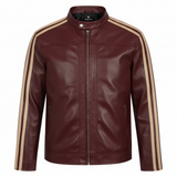 Men's Cream Striped Black Genuine Leather Racer Jacket