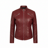 Women's Stand Collar Genuine Leather Motorcycle Jacket