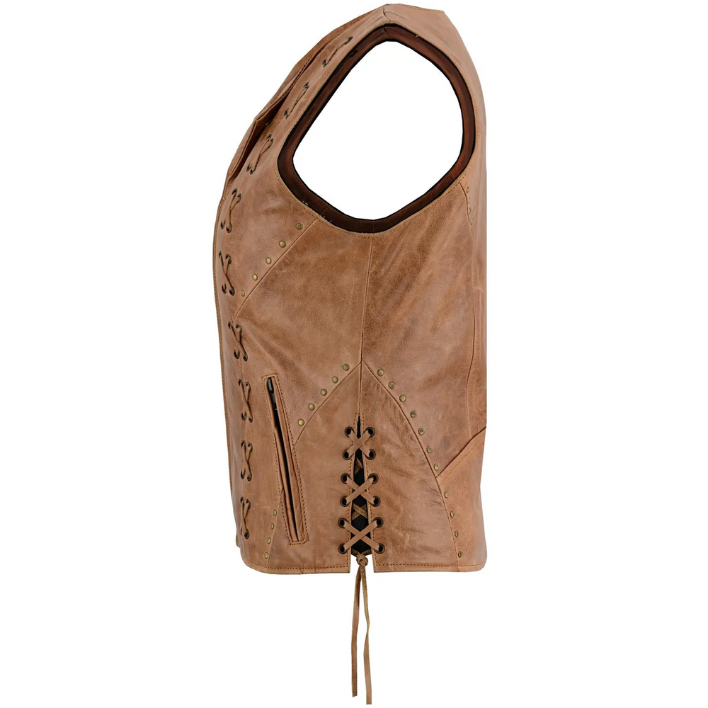 Women Brown Genuine Leather Zippered Motorcycle Vest with Lacing Side