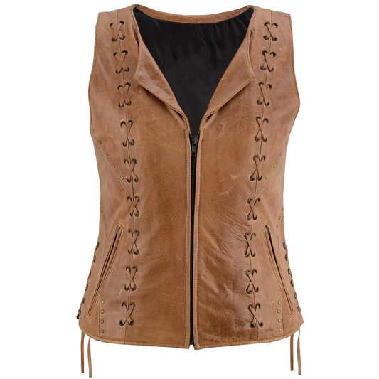 Women's Brown Genuine Leather Zippered Motorcycle Vest with Lacing