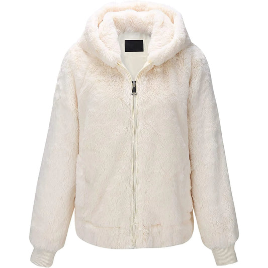 Women's Short Faux Fur Shearling Fleece Jacket – White