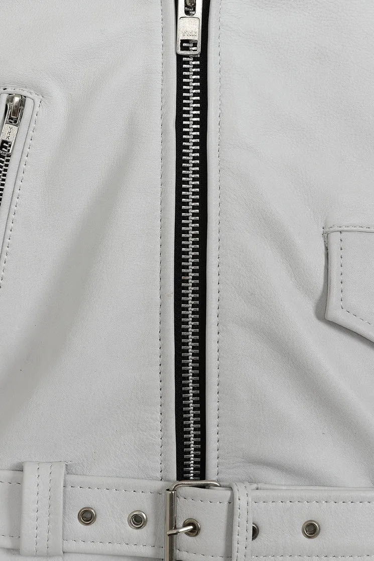 Men’s White Genuine Leather Biker Jacket – Classic Design