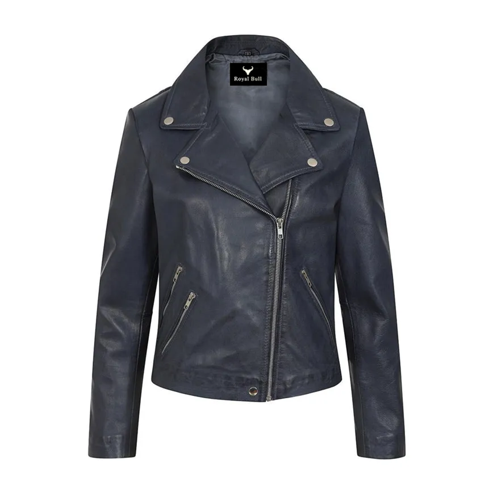 Women’s Sleek Navy Blue Leather Moto Jacket – Stylish