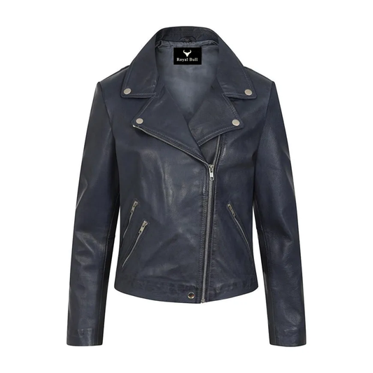 Women’s Sleek Navy Blue Leather Moto Jacket – Stylish