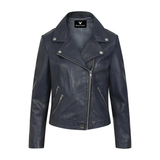 Women’s Sleek Navy Blue Leather Moto Jacket – Stylish