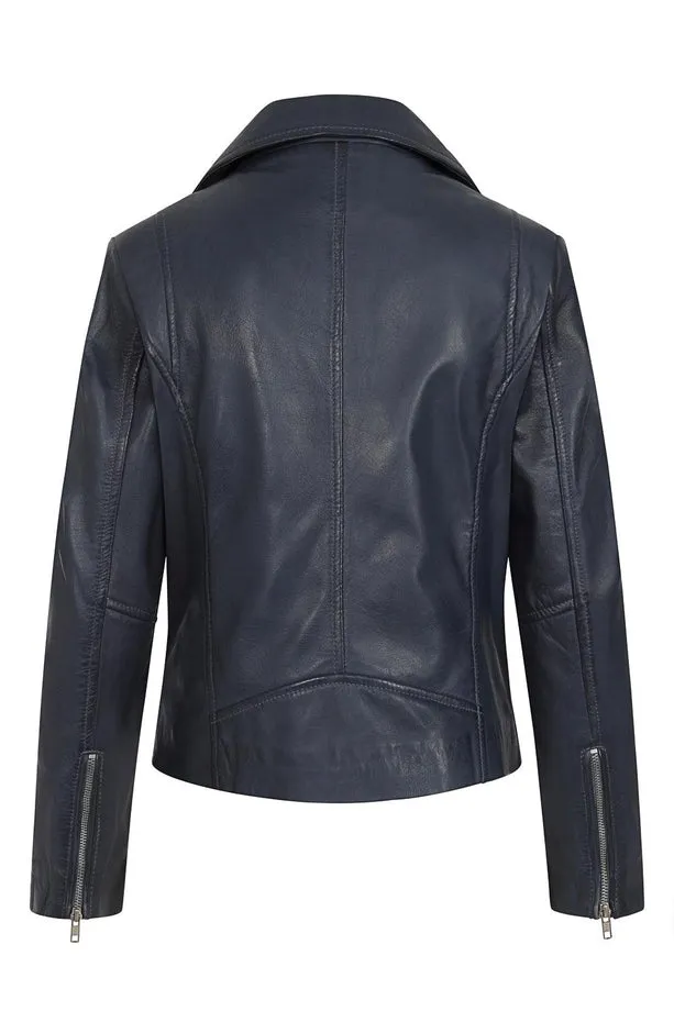 Women’s Sleek Navy Blue Leather Moto Jacket – Stylish