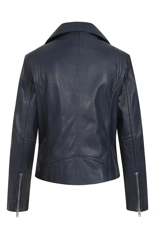 Women’s Sleek Navy Blue Leather Moto Jacket – Stylish