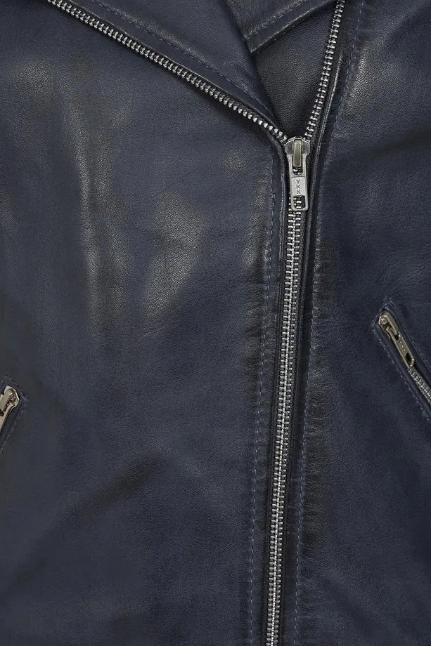 Women’s Sleek Navy Blue Leather Moto Jacket – Stylish