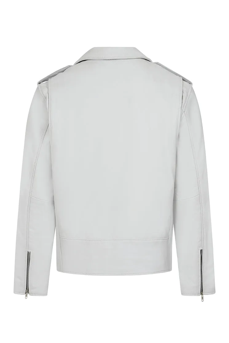 Men’s White Genuine Leather Biker Jacket – Classic Design