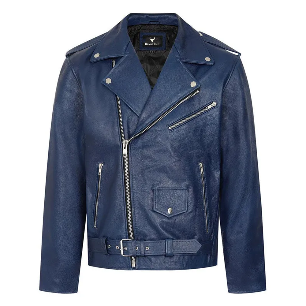 Genuine Blue Leather Biker Jacket for Men – Classic Authentic Design