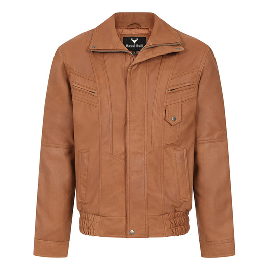 Men's Genuine Tan Leather Jacket - Classic Bomber Regular Fit