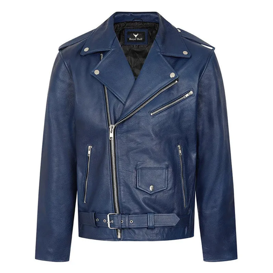 Genuine Blue Leather Biker Jacket for Men – Classic Authentic Design