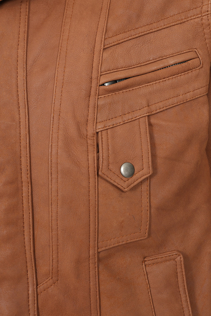 Men's Genuine Tan Leather Jacket - Classic Bomber Regular Fit
