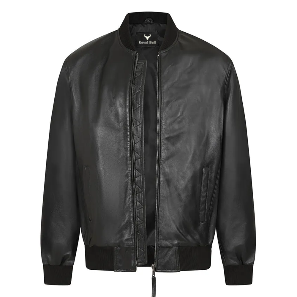 Men’s Black Leather Bomber Jacket – Modern Edge