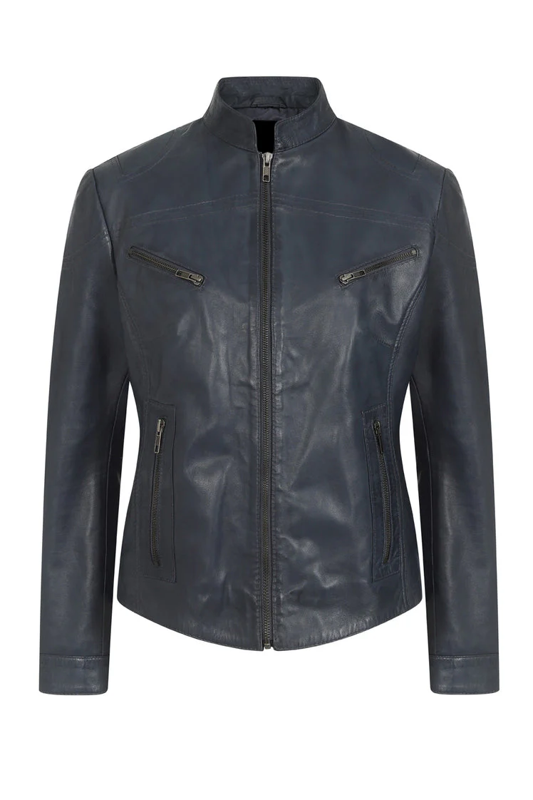 Womens Navy 'Sky' Blue Leather Biker Jacket with Plenty of Style and Nicely Fitted