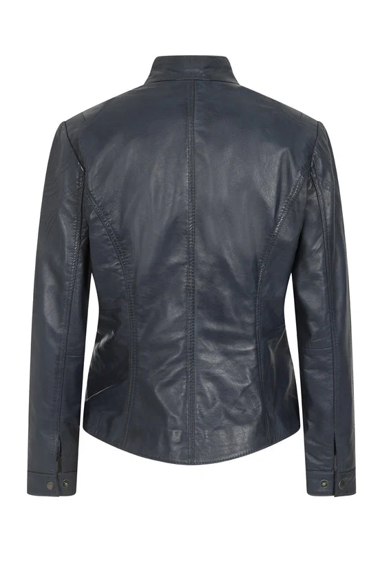 Womens Navy 'Sky' Blue Leather Biker Jacket with Plenty of Style and Nicely Fitted