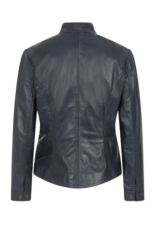Womens Navy 'Sky' Blue Leather Biker Jacket with Plenty of Style and Nicely Fitted