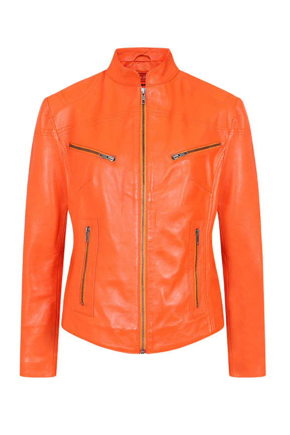 Women's Orange Leather Biker Jacket