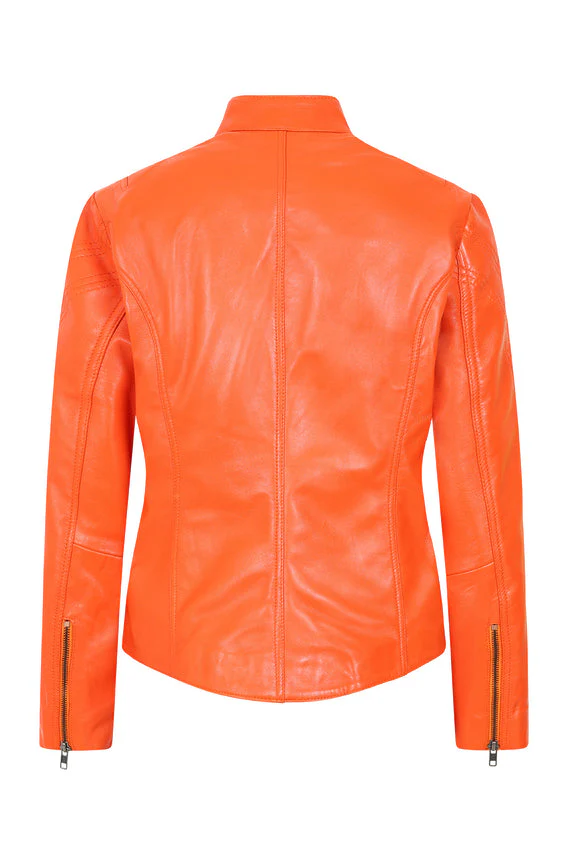 Women's Orange Leather Biker Jacket