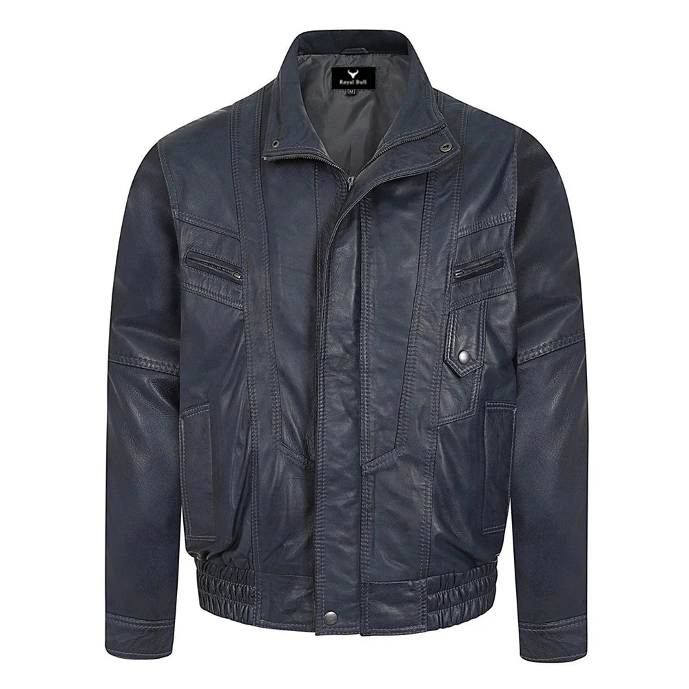 Men’s Navy Blue Leather Blouson Jacket – Elegance in Every Stitch