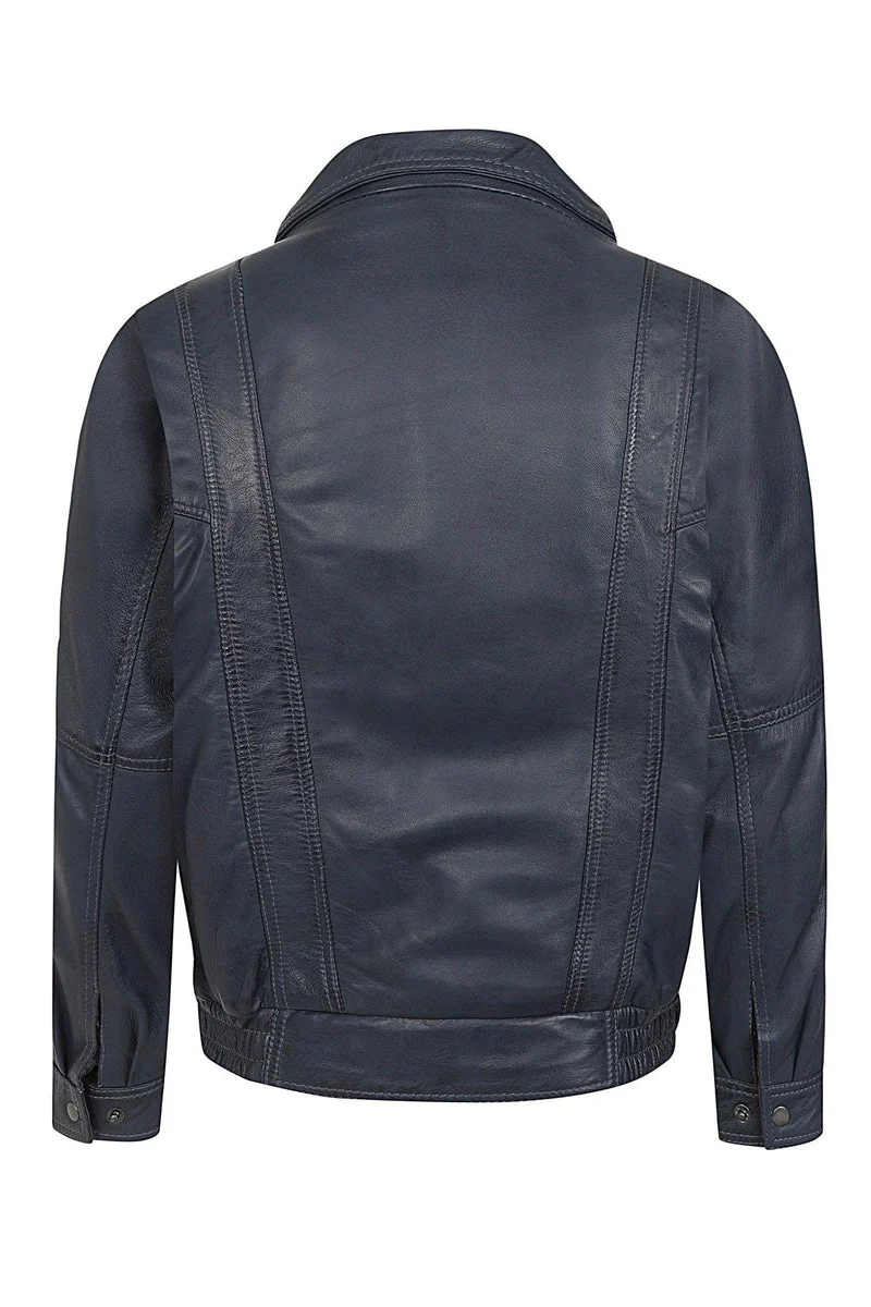 Men’s Navy Blue Leather Blouson Jacket – Elegance in Every Stitch
