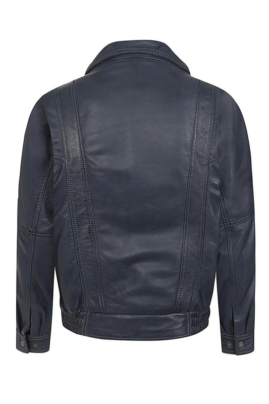 Men’s Navy Blue Leather Blouson Jacket – Elegance in Every Stitch