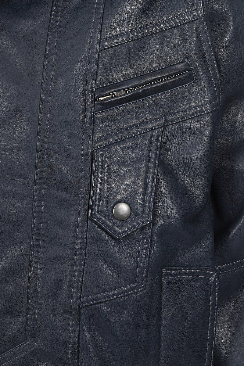 Men’s Navy Blue Leather Blouson Jacket – Elegance in Every Stitch