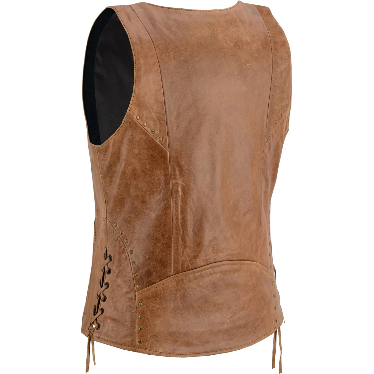 Women's Brown Zippered Leather Motorcycle Vest with Lacing Details