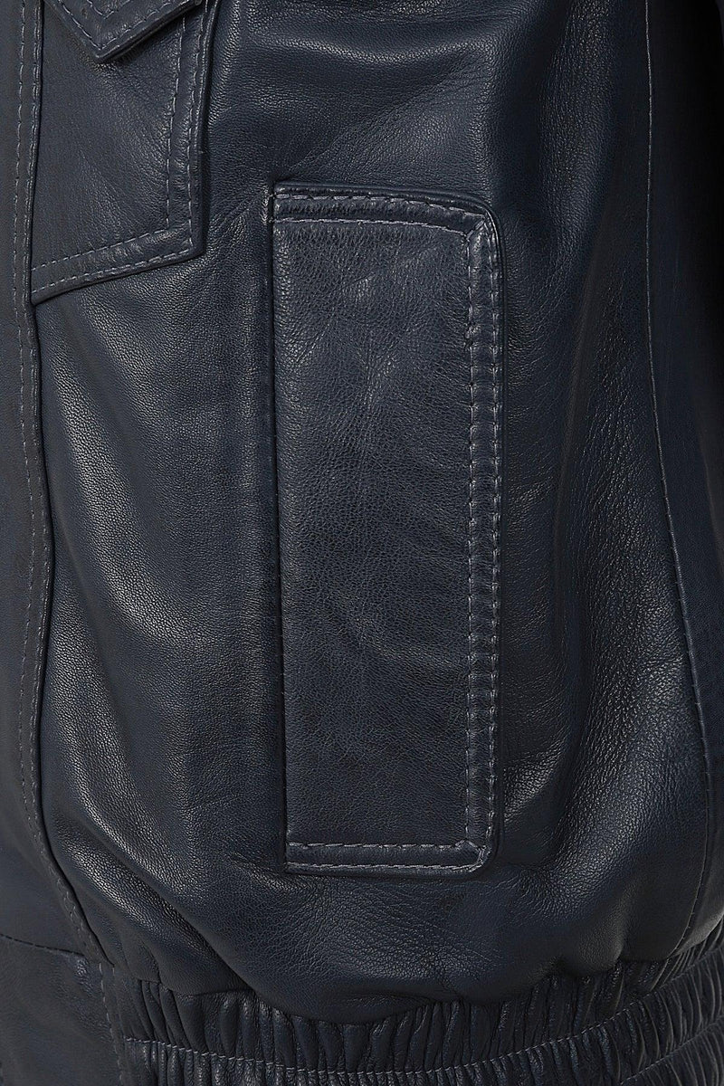 Men’s Navy Blue Leather Blouson Jacket – Elegance in Every Stitch