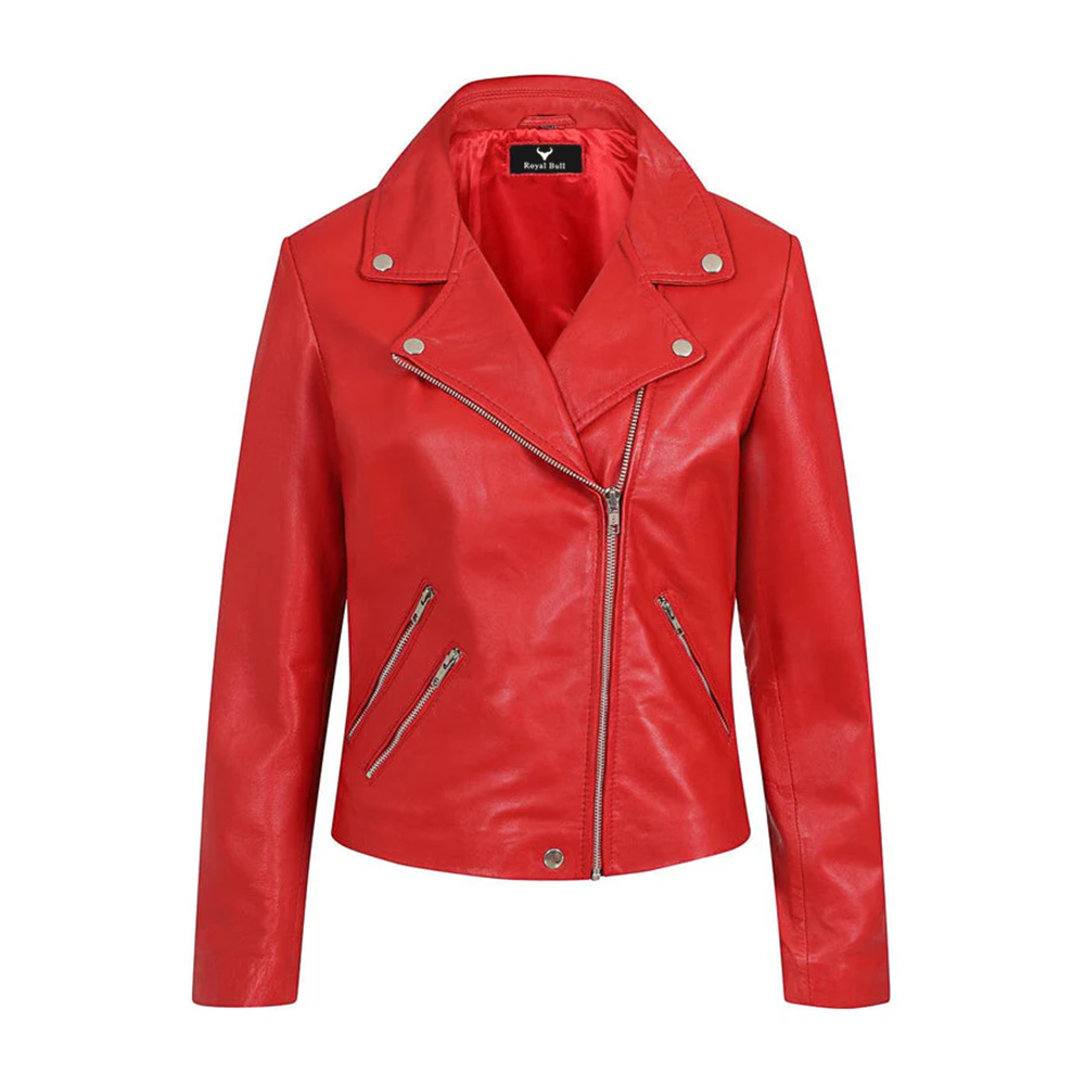 Women's Red Biker Genuine Smooth Leather Jacket