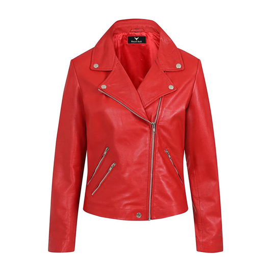 Women's Red Biker Genuine Smooth Leather Jacket