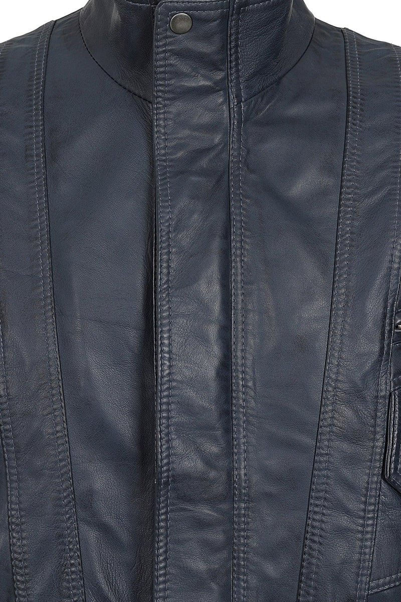 Men’s Navy Blue Leather Blouson Jacket – Elegance in Every Stitch