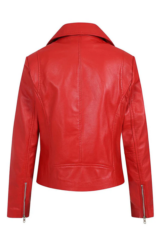 Women's Red Biker Genuine Smooth Leather Jacket