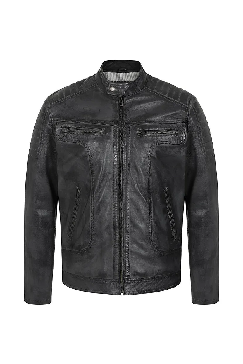 Men’s Grey Genuine Leather Biker Jacket