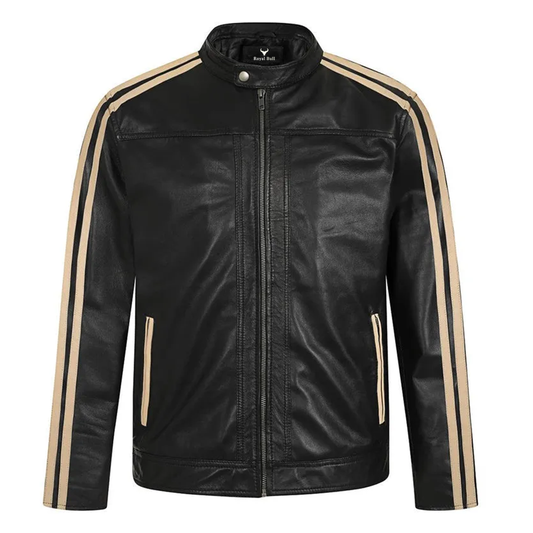 Men’s Racer Cream Striped Black Leather Jacket