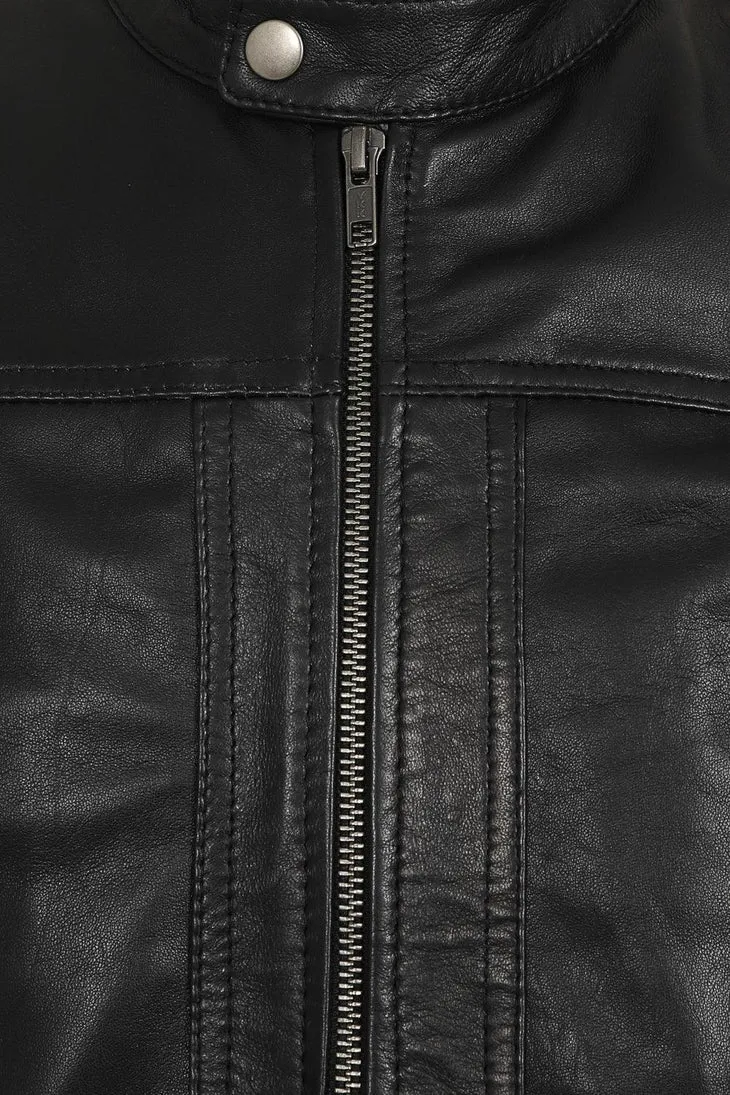 Men’s Racer Cream Striped Black Leather Jacket