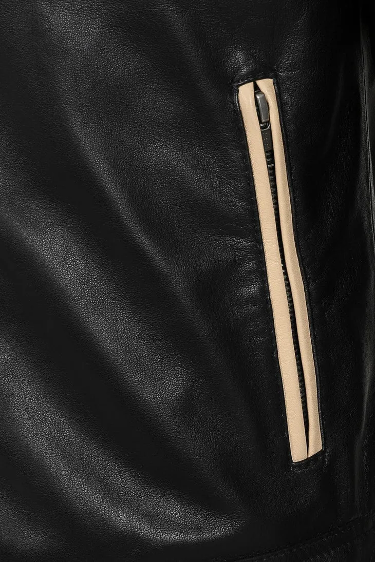 Men’s Racer Cream Striped Black Leather Jacket
