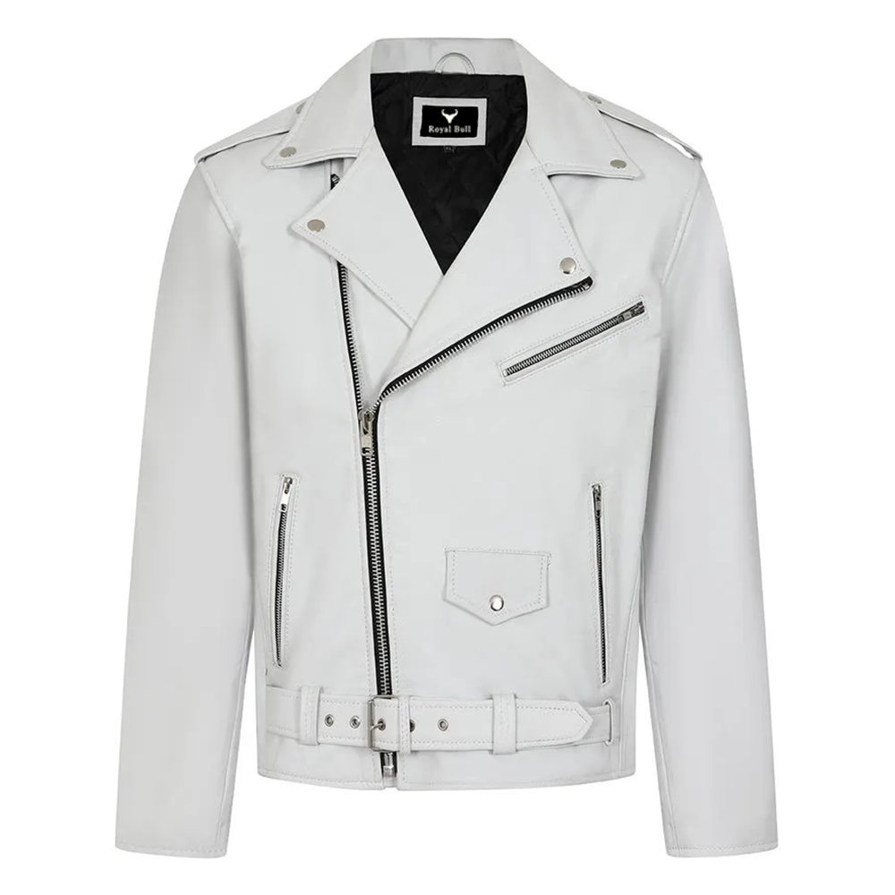 Men’s White Genuine Leather Biker Jacket – Classic Design