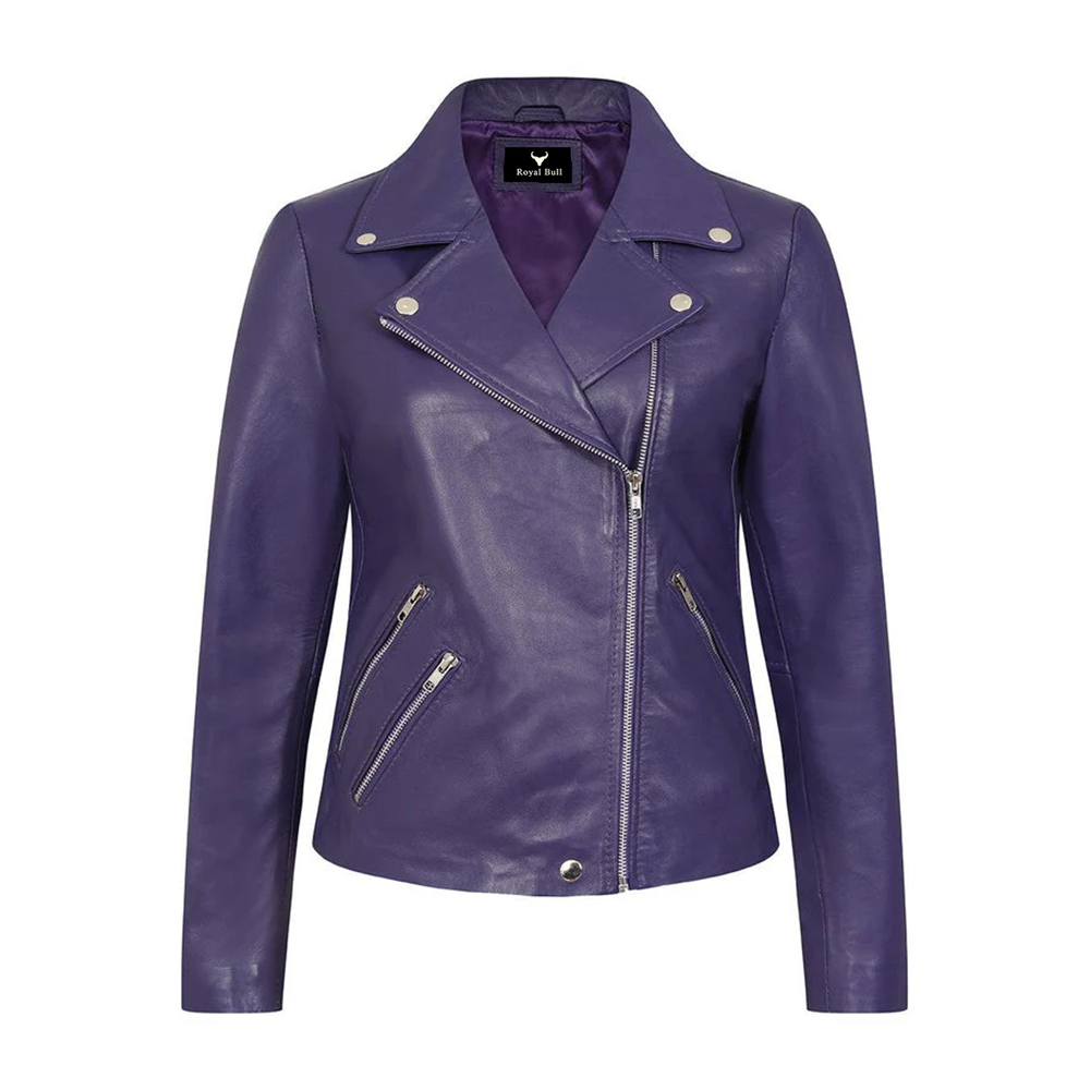 Women’s Purple Biker Leather Jacket – Premium Leather