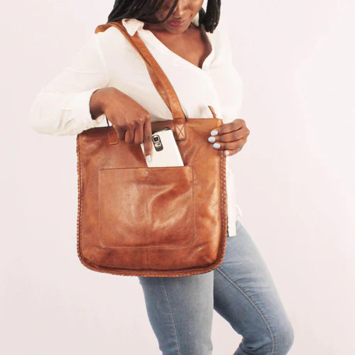 Lizzie Handmade Genuine Leather Tote Bag Brown